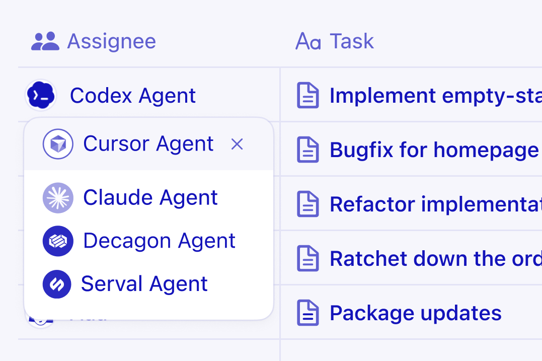 Base de données Notion avec une liste de tâches, et une tâche en cours d’attribution à un agent de codage externe.