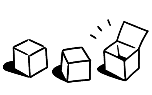 Un dessin minimaliste en noir et blanc de deux boîtes fermées et une boîte ouverte.