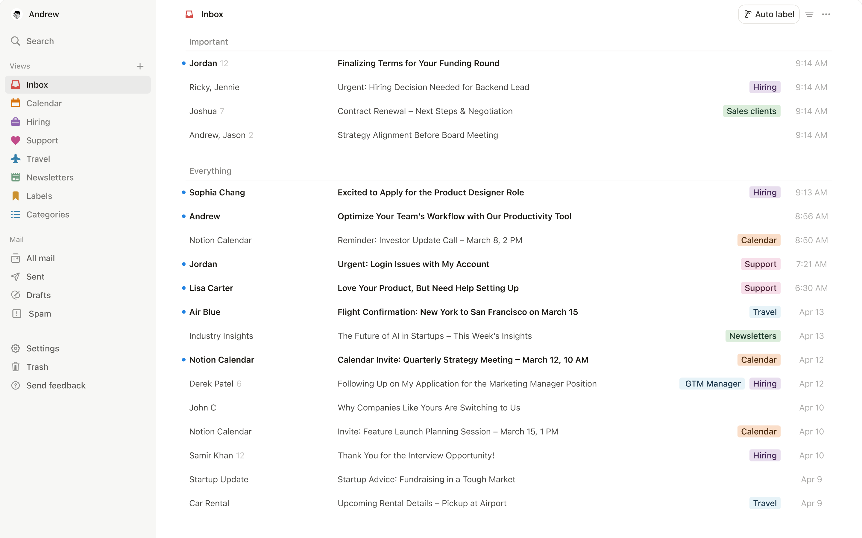 لقطة شاشة لتطبيق Notion Mail على سطح المكتب